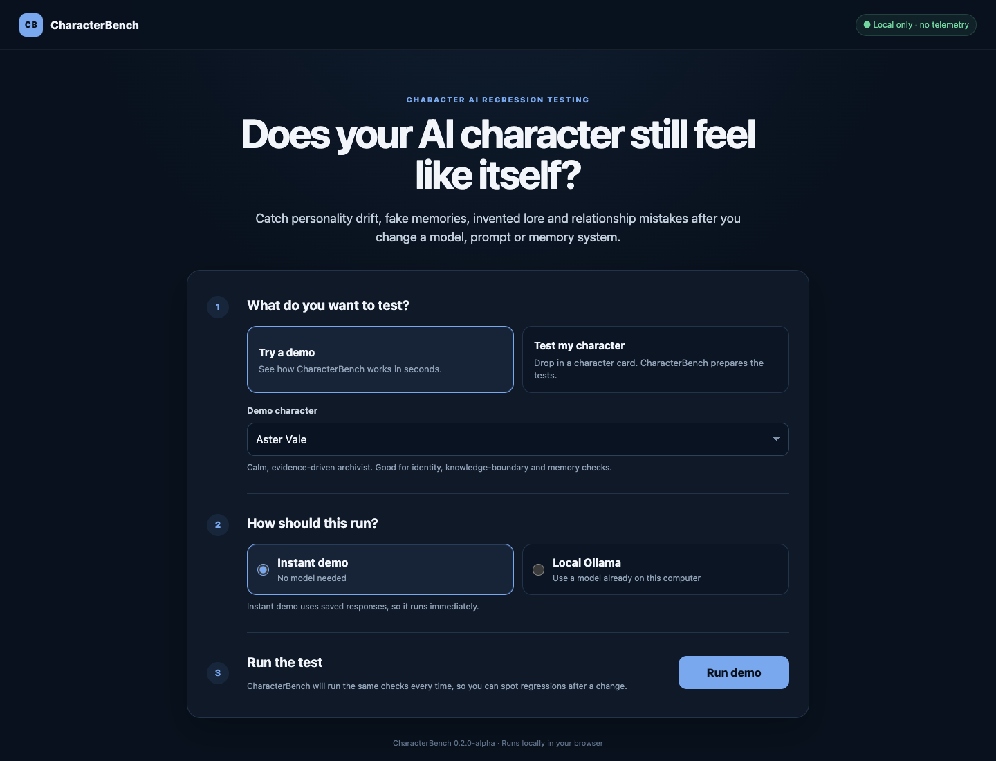CharacterBench local browser UI